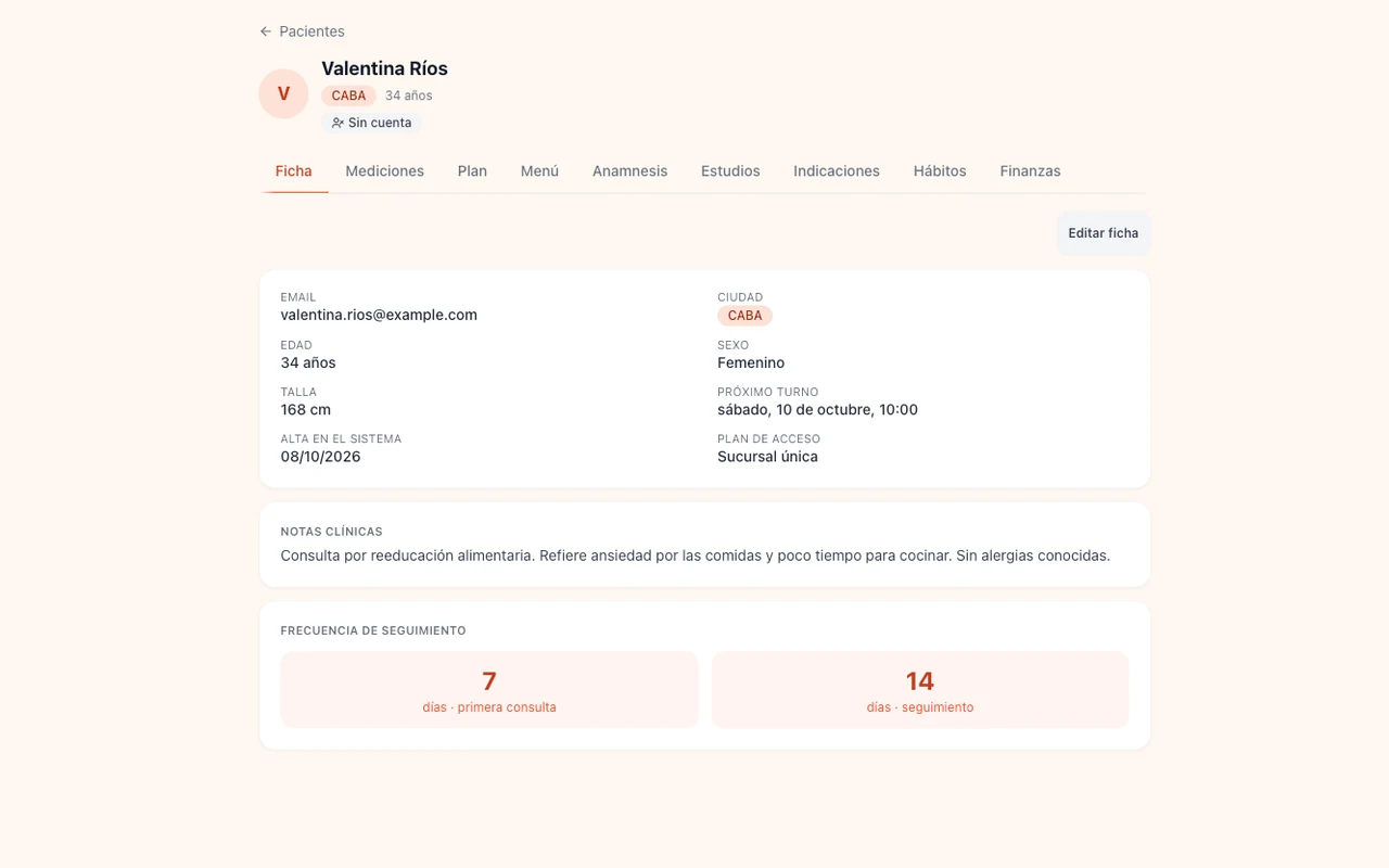 Ficha de un paciente con anamnesis, mediciones y plan en el panel de la profesional