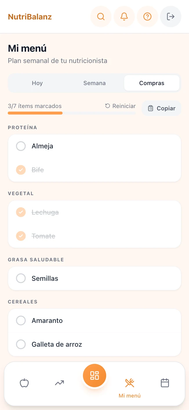 Menú semanal y lista de compras en la app del paciente